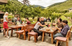 Draußen beim Heurigen Strawanzer, © Rita Newman Menschen sitzen an Holztischen im Freien, umgeben von Weinbergen und Bäumen, während eine Kellnerin Getränke serviert.