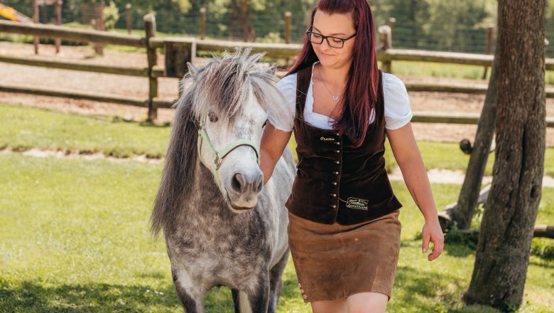 Kutschenfahrten und Reitstunden mit Claudia Langthaler, © Niederösterreich Werbung/Daniela Führer Claudia Langthaler führt ein Pony auf einer Wiese, im Hintergrund ein Holzzaun.