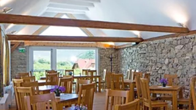 Der Steinsaal im Gasthof zur Venus, © Familie Mistelbauer Speisesaal mit Holztischen und Holzstühlen