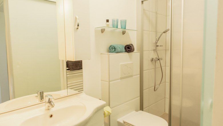 Appartement 1, © Ines Nejedly Modernes Badezimmer mit Dusche, Waschbecken und Toilette.