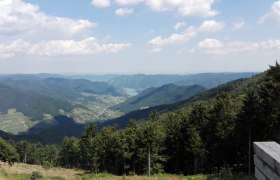 View in the Jauerling Nature Park, © Naturpark Jauerling Birgit H. Panoramic view over wooded hills and a valley in the Jauerling Nature Park, with blue sky and clouds.
