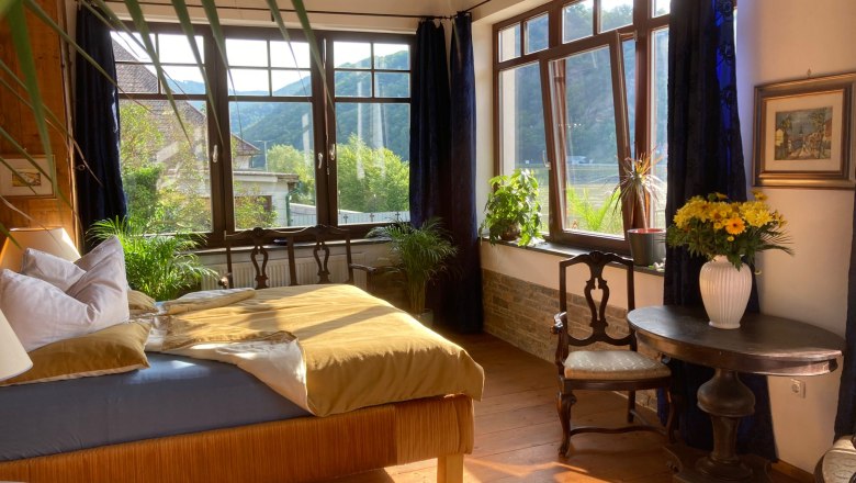Cozy bedroom with large windows, plants and antique furniture.