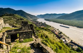 View of the Danube and surrounding countryside from the Hinterhaus ruins in Spitz, Austria.