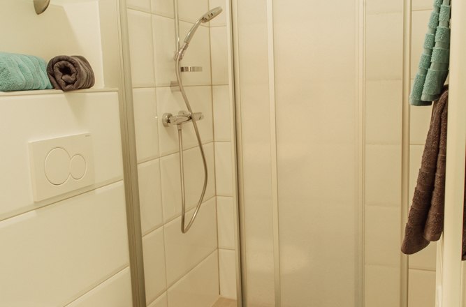 Small bathroom with shower, toilet and towels.