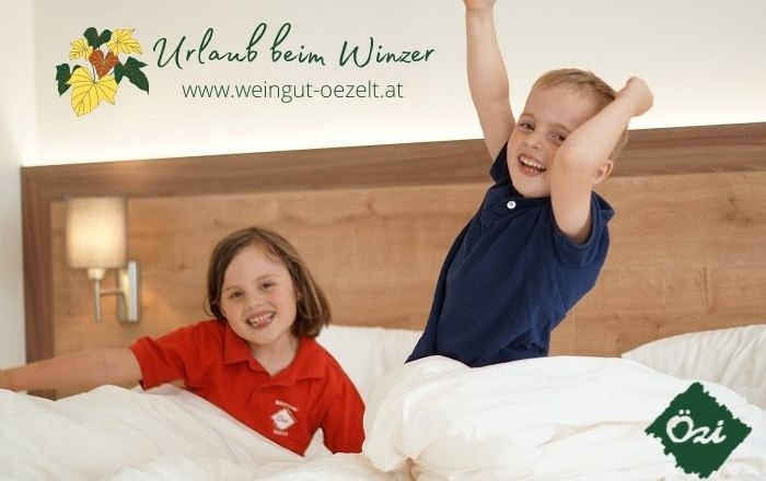 Two children play happily in a bed in a guest room.