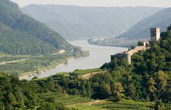 Panoramabild der Ruine Hinterhaus, im Hintergrund die Donau.