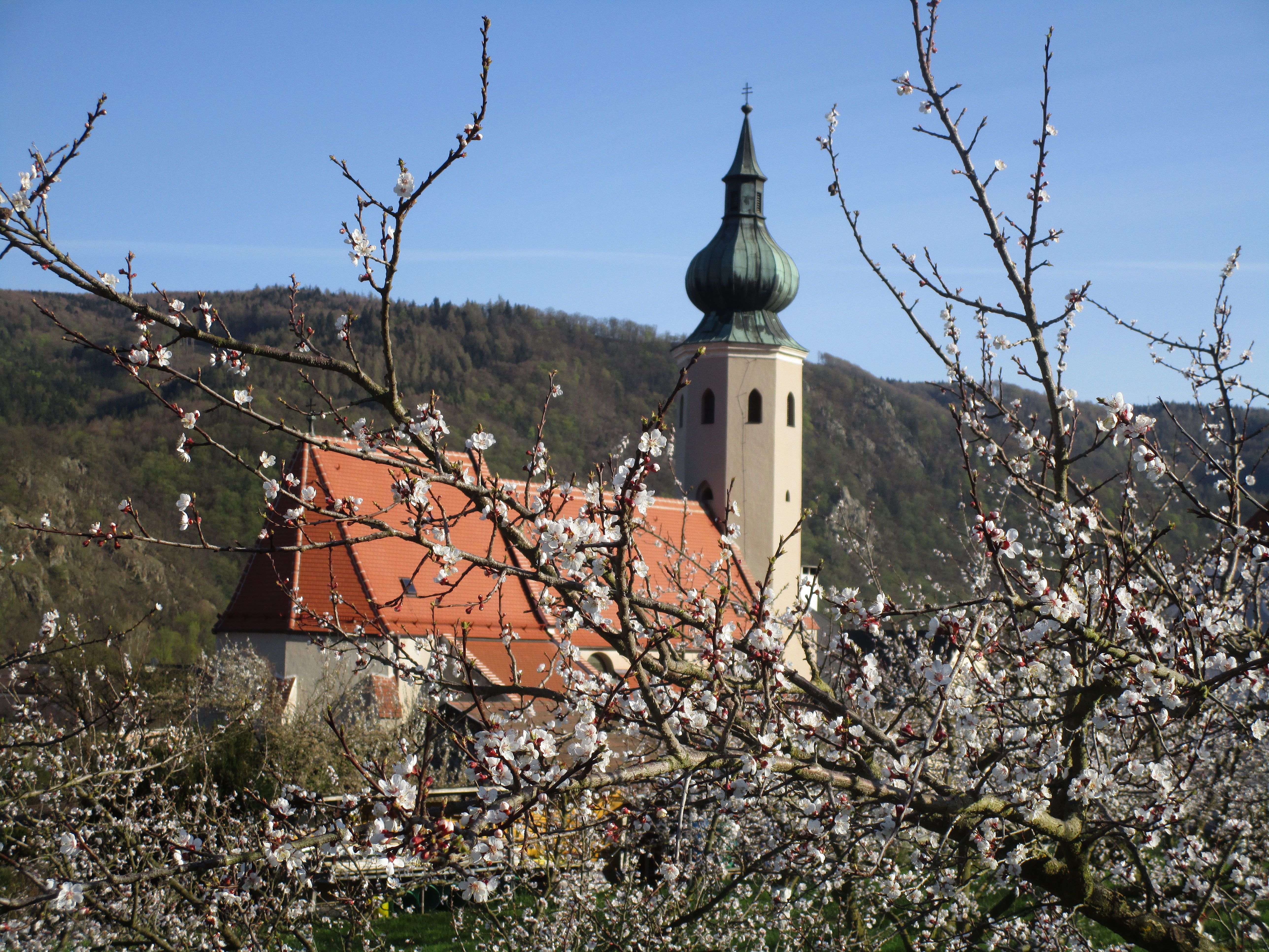 Eine kleine Kirche mit Rotem Dach und Turm mit Kupferspitze