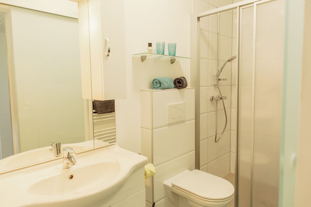 Modernes Badezimmer mit Dusche, Waschbecken und Toilette.