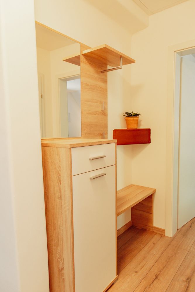 Moderner Flur mit Holzschrank, Spiegel und Pflanze.