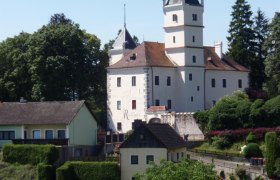 Rothenhof Castle in Emmersdorf surrounded by trees and buildings.