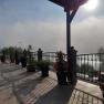 Terrace with plants, railings and fog in the background.