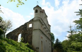 Ruine eines Schlosses mit erhaltenem Turm und Mauerresten, umgeben von B&auml;umen und blauem Himmel.