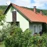Green detached house from the outside with a red roof