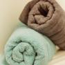 Two rolled-up towels, one in turquoise and one in brown, lie on a shelf.