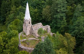 Aerial view of an old castle ruin in the forest with a pointed tower.