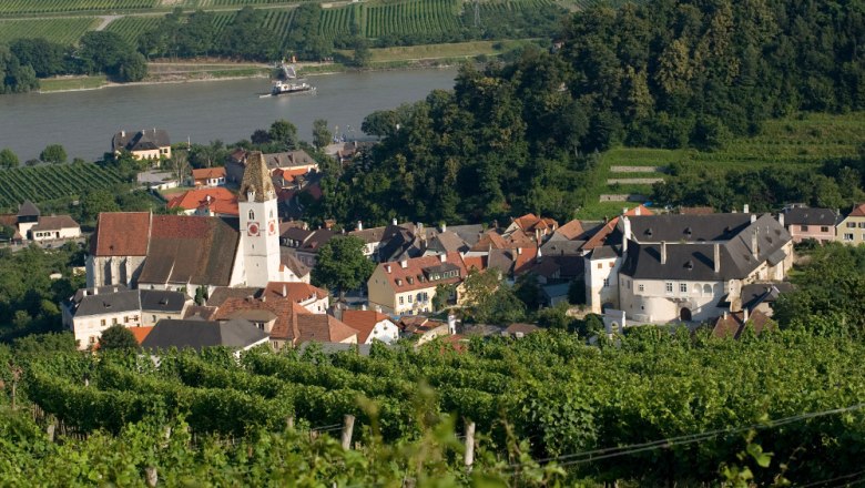 Blick auf die Pfarrkirche Spitz und umliegende Weinberge.