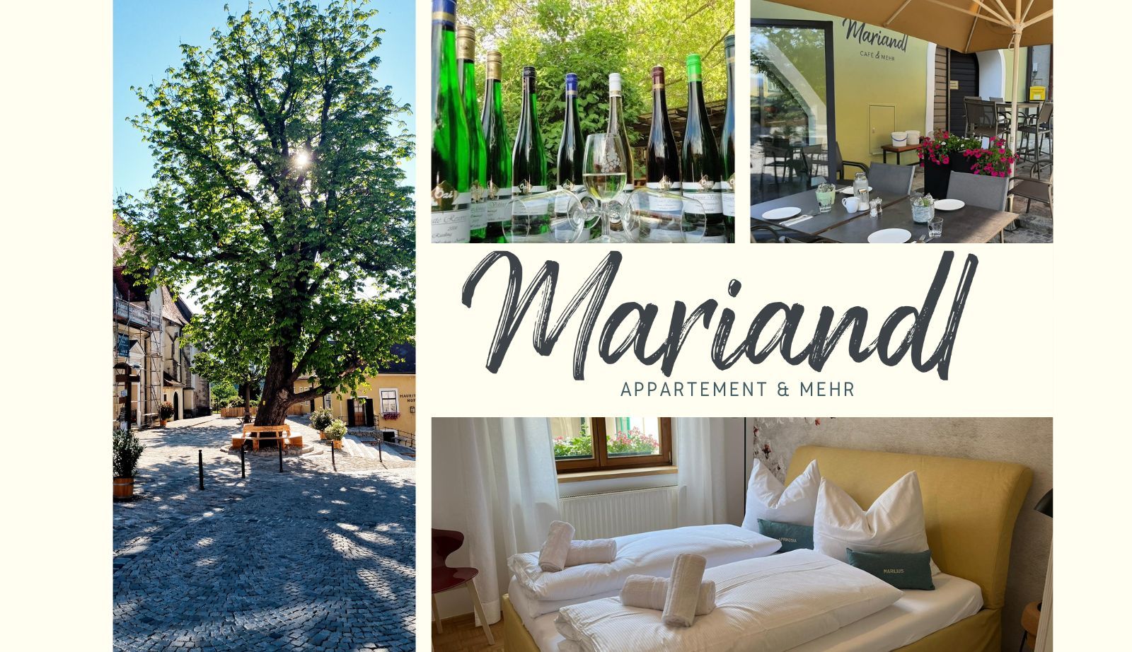 Collage mit Baum, Weinflaschen, Café-Terrasse und Hotelzimmer.