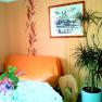 Cozy room with sofa, plant and table with flowers.