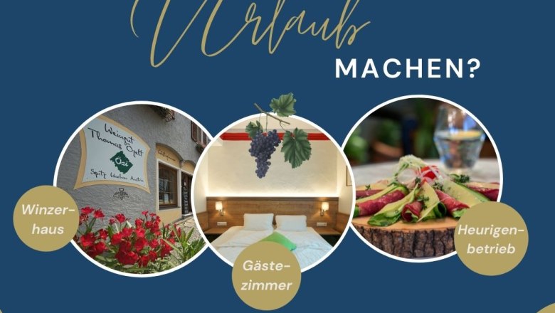 Advertising for vacation in the Wachau with pictures of the winegrower's house, guest rooms and wine tavern.