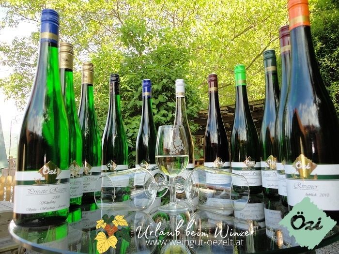 Eine Auswahl von Weinflaschen und ein Weinglas auf einem Tisch im Freien, umgeben von grüner Vegetation.