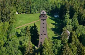 Aussichtswarte am Jauerling umgeben von Wald und Wiesen.