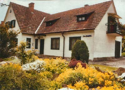 A white house with a red tiled roof and a garden full of yellow flowers.