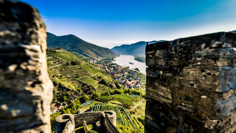 Blick von einer Burgruine auf eine Flusslandschaft mit Weinbergen und einem Dorf.