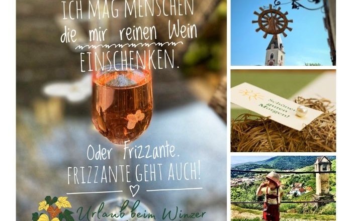 Collage with wine, church, label and child in the Wachau.