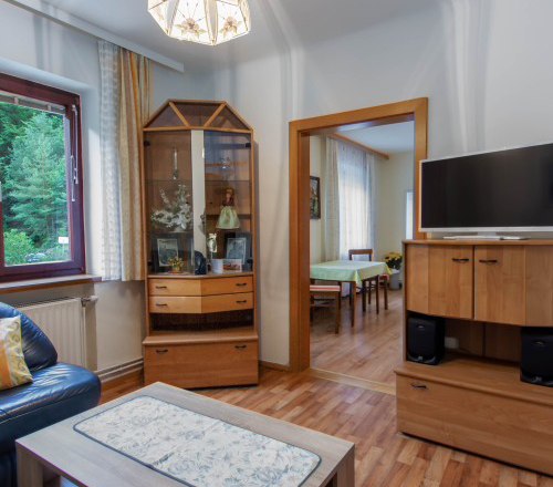 Wohnzimmer mit Glasschrank und Holzvitrine