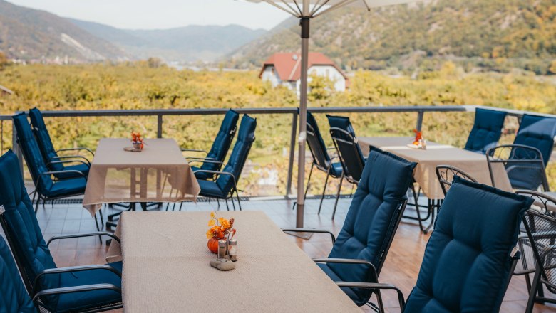 Terrace with tables, blue chairs and a view of the green landscape.